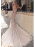 Beaded Light Beige Lace Tulle Wedding Dress With Detachable Sleeve